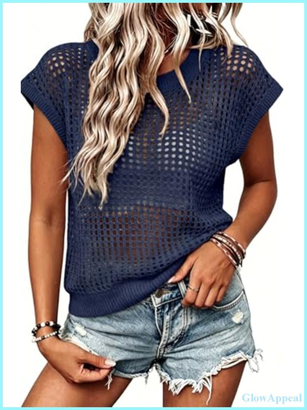 Women's Crochet Hollow Out Crewneck Cap Sleeve Pullover Summer Beach Cover Up